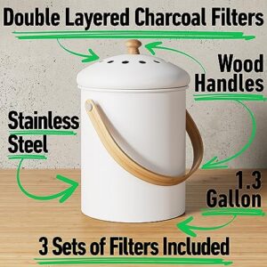 Compost Bin Kitchen Counter - 1.3 Gallon White Stainless Steel Kitchen Compost Bin with Wood Handles & Charcoal Filters x3 Sets - Countertop Compost Bin with Lid - Large Kitchen Compost Bin Countertop