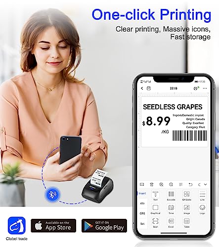 CLABEL Barcode Label Printer, 221B Bluetooth Thermal Label Maker Printer for Addresses, Business, Clothing, Labeling, Mailing, Compatible with Android & iOS System, with 1 Roll Label