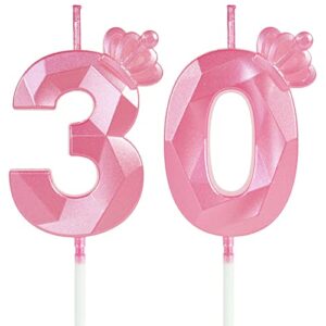 number 30 candles with crown, 30th birthday candles, pink birthday candles for cake, 3d design cake topper for birthday party wedding anniversary celebration decorations supplies