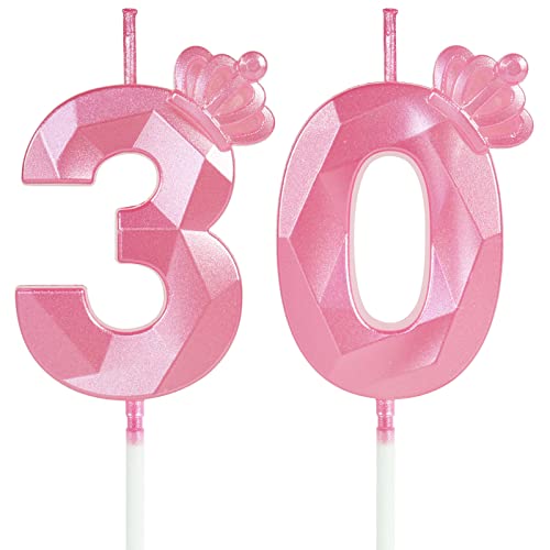 Number 30 Candles with Crown, 30th Birthday Candles, Pink Birthday Candles for Cake, 3D Design Cake Topper for Birthday Party Wedding Anniversary Celebration Decorations Supplies