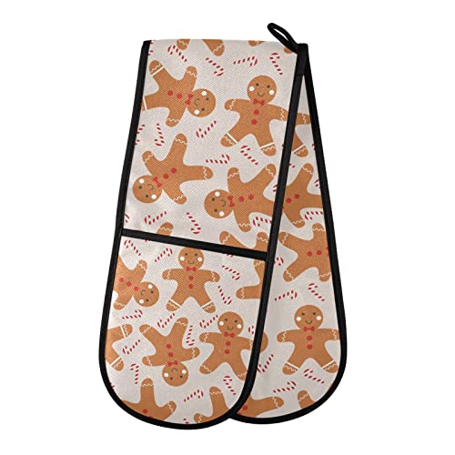 Christmas Pattern Bread Man Double Oven Mitts Heat Resistant Soft Cotton Lining Oven Mitts with Hanging Loop for Cooking, Baking, Grilling, 35" x 7"