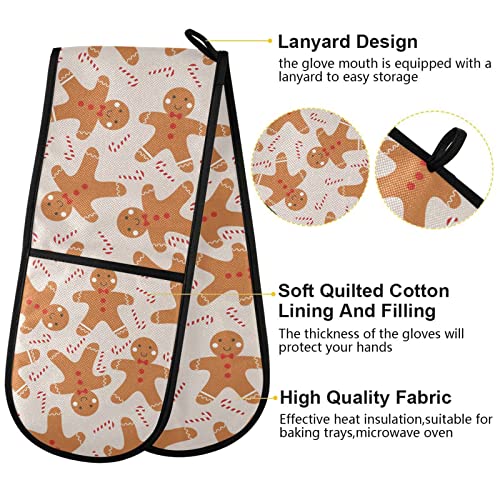 Christmas Pattern Bread Man Double Oven Mitts Heat Resistant Soft Cotton Lining Oven Mitts with Hanging Loop for Cooking, Baking, Grilling, 35" x 7"