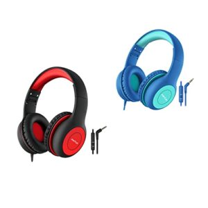 earfun kids headphones wired with microphone, 85/94db volume limit headphones for kids, portable wired headphones with shareport, black red & blue green