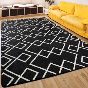 rtizon shag rug for living room, 5x7 feet black area rugs with memory foam for bedroom dorm, fluffy shaggy moroccan geometric carpet for girls kids nursery play room indoor decor