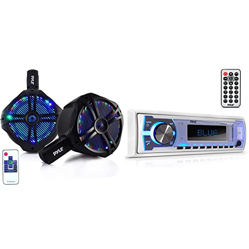 Pyle Waterproof Marine Wakeboard Tower Speakers - 6.5” Dual Subwoofer Speaker Set and 1.0” Tweeters & Marine Bluetooth Stereo Radio - 12v Single DIN Style Boat in Dash Radio Receiver System