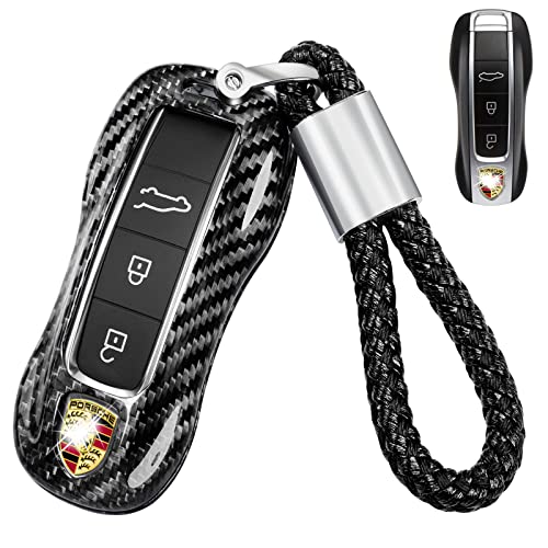 Real Glass Fiber Key Fob Cover with Porsche Keychain for 2018-2023 Porsche 911 Carrera Panamera Taycan Cayenne 918,T-Carbon Key Fob Case Shell Protector for Porsche Smart Key Case