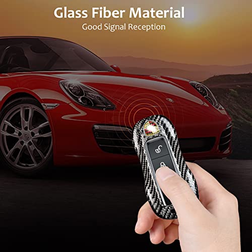 Real Glass Fiber Key Fob Cover with Porsche Keychain for 2018-2023 Porsche 911 Carrera Panamera Taycan Cayenne 918,T-Carbon Key Fob Case Shell Protector for Porsche Smart Key Case
