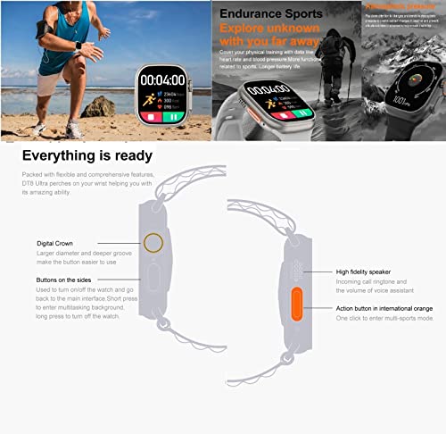49 mm DT8 Ultra Smart Watch Wireless Charging Series 8 NFC 2.0 Inch Large Screen 49 mm (GPS Track, Thermometer) for Men and Women Sports Smart Watch IP67 Life Waterproof Wireless Charging (Gray)