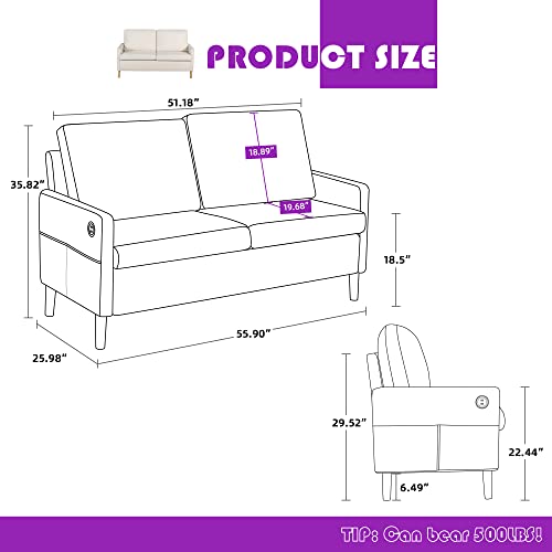 TYBOATLE Modern Small Loveseat Sofa with 2 USB Charging Ports, 55"W Teddy Short Fleece Fabric Soft Couches, Upholstered 2-Seater Suitable for Small Spaces, Living Room, Office, Apartment (Cream White)