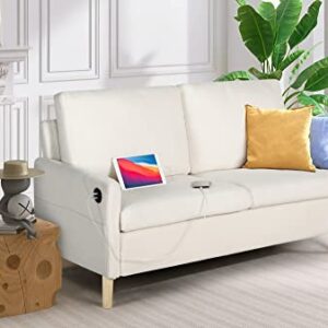 TYBOATLE Modern Small Loveseat Sofa with 2 USB Charging Ports, 55"W Teddy Short Fleece Fabric Soft Couches, Upholstered 2-Seater Suitable for Small Spaces, Living Room, Office, Apartment (Cream White)
