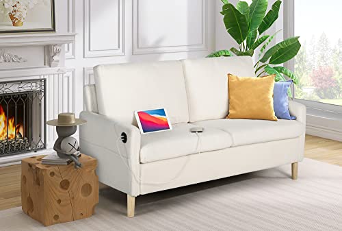 TYBOATLE Modern Small Loveseat Sofa with 2 USB Charging Ports, 55"W Teddy Short Fleece Fabric Soft Couches, Upholstered 2-Seater Suitable for Small Spaces, Living Room, Office, Apartment (Cream White)