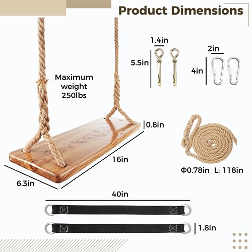 Wooden Tree Swing,Wooden Swing for Adults/Kids 500lb with Load Capacity,Adjustable Hemp Rope Plus Tree Straps 100 inch, Hanging Wooden Swing for Indoor, Outdoor, Garden,Yard,Backyard (Wooden)