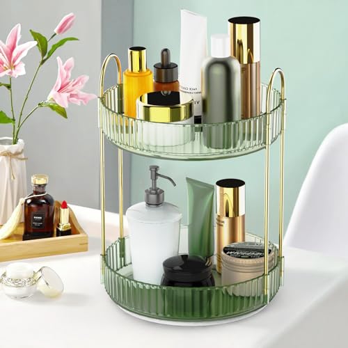 360 Rotating Makeup Organizer for Vanity - Spinning Bathroom Organizer Countertop, Large Storage Cosmetic Display Tray, Make Up Counter Shelf for Perfumes, Skincare Lotions, Lipsticks (2 Tiers, Green)