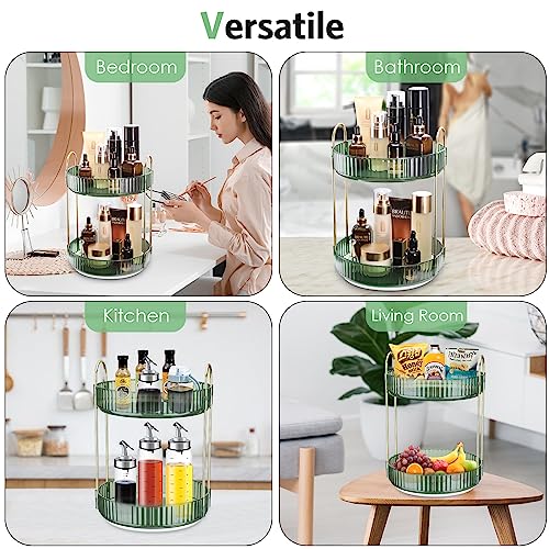 360 Rotating Makeup Organizer for Vanity - Spinning Bathroom Organizer Countertop, Large Storage Cosmetic Display Tray, Make Up Counter Shelf for Perfumes, Skincare Lotions, Lipsticks (2 Tiers, Green)