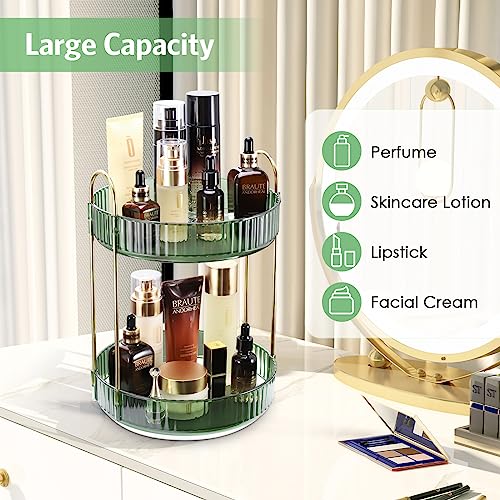 360 Rotating Makeup Organizer for Vanity - Spinning Bathroom Organizer Countertop, Large Storage Cosmetic Display Tray, Make Up Counter Shelf for Perfumes, Skincare Lotions, Lipsticks (2 Tiers, Green)