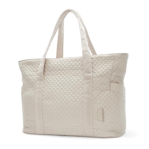 BAGSMART Large Tote Bag For Women, Shoulder Bag With Yoga Mat Buckle For Gym,Work,Travel,School,College(Beige, Large)