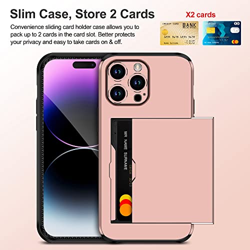 SAMONPOW 4-in-1 iPhone 14 Pro Max Case with Screen Protector & Camera Cover Hybrid iPhone 14 Pro Max Case Wallet Card Holder Shockproof Protective Case for iPhone 14 Pro Max Case - Rose Gold