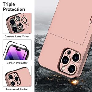 SAMONPOW 4-in-1 iPhone 14 Pro Max Case with Screen Protector & Camera Cover Hybrid iPhone 14 Pro Max Case Wallet Card Holder Shockproof Protective Case for iPhone 14 Pro Max Case - Rose Gold