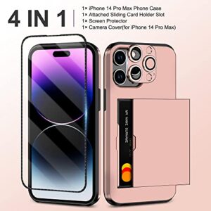 SAMONPOW 4-in-1 iPhone 14 Pro Max Case with Screen Protector & Camera Cover Hybrid iPhone 14 Pro Max Case Wallet Card Holder Shockproof Protective Case for iPhone 14 Pro Max Case - Rose Gold