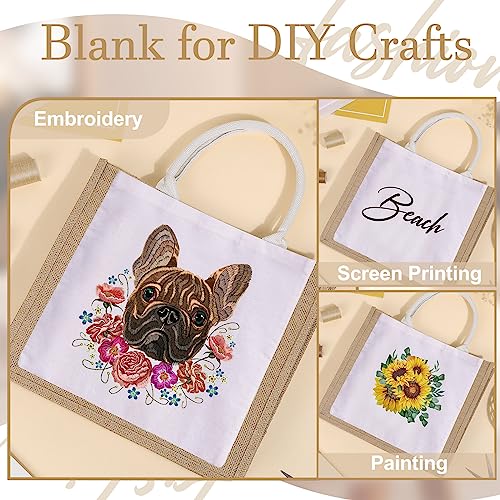 Silkfly 30PCS Burlap Tote Bag Bulk Laminated Interior Jute Tote Bag with Handle Large Reusable Grocery Bags Blank Beach Tote Teacher Bridesmaid Wedding DIY Gift Bag, 14.2 x 12.6 x 7.5 in (White, Jute)