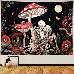 fefurs mushroom skull floral tapestry,skeleton floral tapestries moon garden tapestry mushroom plants tapestry wall hanging wall tapestry for bedroom aesthetic (29x38 inches)