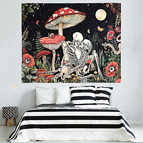 FEFURS Mushroom Skull Floral Tapestry,Skeleton Floral Tapestries Moon Garden Tapestry Mushroom Plants Tapestry Wall Hanging Wall Tapestry for Bedroom aesthetic (29x38 Inches)