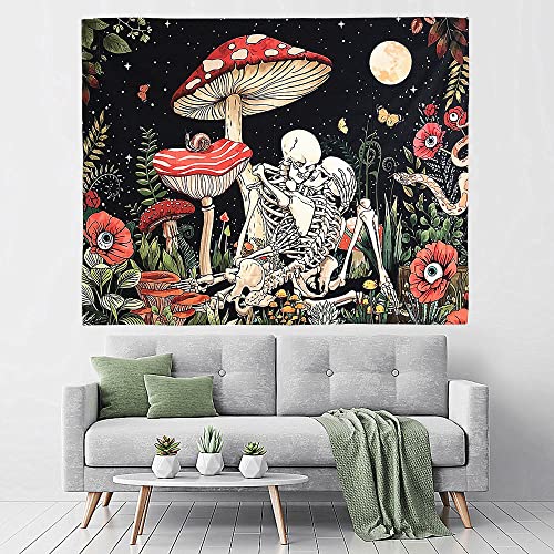 FEFURS Mushroom Skull Floral Tapestry,Skeleton Floral Tapestries Moon Garden Tapestry Mushroom Plants Tapestry Wall Hanging Wall Tapestry for Bedroom aesthetic (29x38 Inches)