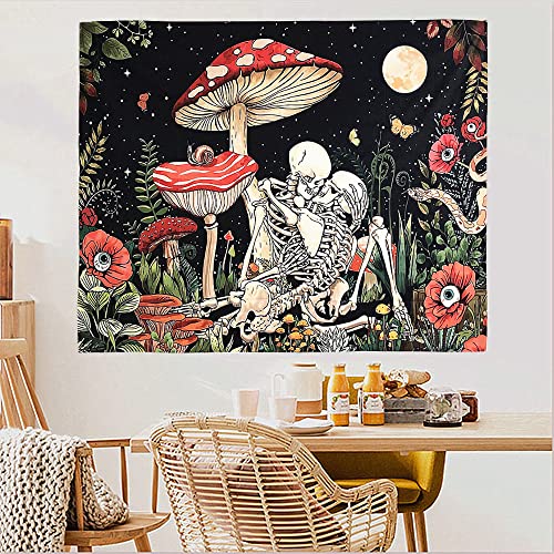 FEFURS Mushroom Skull Floral Tapestry,Skeleton Floral Tapestries Moon Garden Tapestry Mushroom Plants Tapestry Wall Hanging Wall Tapestry for Bedroom aesthetic (29x38 Inches)