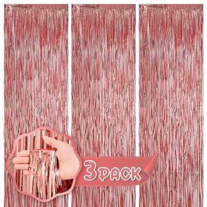 kipommic 3 pack foil fringe backdrop curtains - rose gold tinsel streamers for birthday, graduation baby shower gender reveal disco bachelorette party decorations