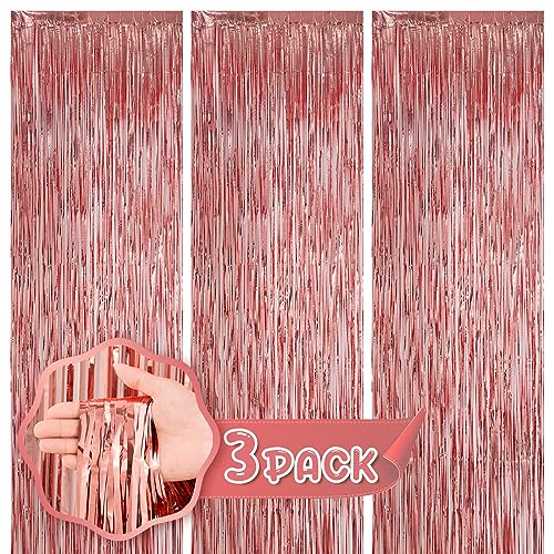 Kipommic 3 Pack Foil Fringe Backdrop Curtains - Rose Gold Tinsel Streamers for Birthday, Graduation Baby Shower Gender Reveal Disco Bachelorette Party Decorations