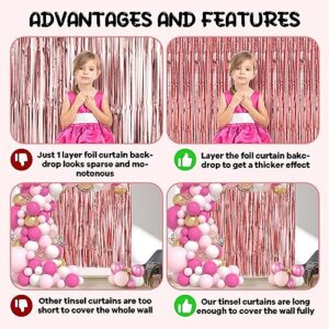 Kipommic 3 Pack Foil Fringe Backdrop Curtains - Rose Gold Tinsel Streamers for Birthday, Graduation Baby Shower Gender Reveal Disco Bachelorette Party Decorations