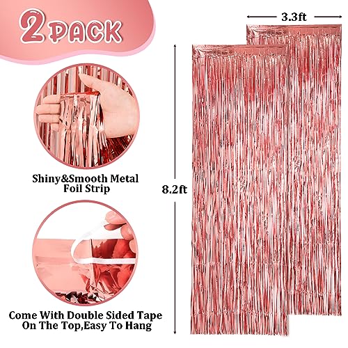 Kipommic 3 Pack Foil Fringe Backdrop Curtains - Rose Gold Tinsel Streamers for Birthday, Graduation Baby Shower Gender Reveal Disco Bachelorette Party Decorations