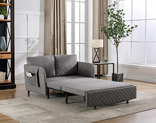 Pull Out Futon Sofa Bed, Convertible Small Loveseat Sleeper with Storage Drawer, 3 in 1 Futon Couch with Removable Pocket and 2 Pillows, Modern Love Seat for Living Room, Guest Room, Deep Grey