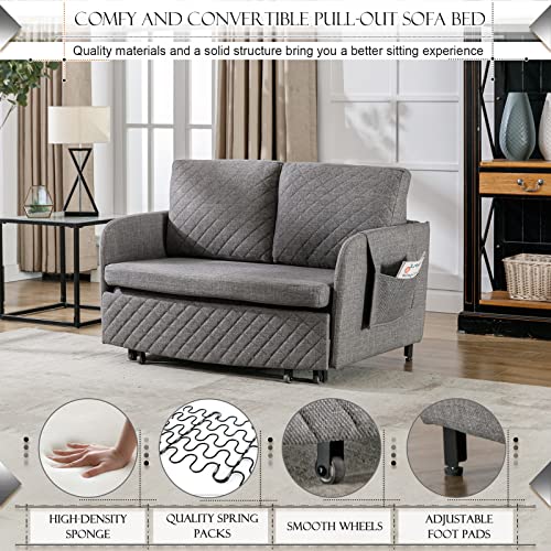 Pull Out Futon Sofa Bed, Convertible Small Loveseat Sleeper with Storage Drawer, 3 in 1 Futon Couch with Removable Pocket and 2 Pillows, Modern Love Seat for Living Room, Guest Room, Deep Grey