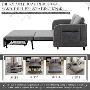 Pull Out Futon Sofa Bed, Convertible Small Loveseat Sleeper with Storage Drawer, 3 in 1 Futon Couch with Removable Pocket and 2 Pillows, Modern Love Seat for Living Room, Guest Room, Deep Grey