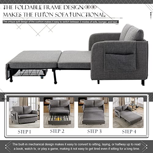 Pull Out Futon Sofa Bed, Convertible Small Loveseat Sleeper with Storage Drawer, 3 in 1 Futon Couch with Removable Pocket and 2 Pillows, Modern Love Seat for Living Room, Guest Room, Deep Grey