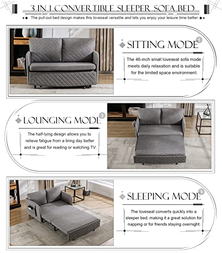 Pull Out Futon Sofa Bed, Convertible Small Loveseat Sleeper with Storage Drawer, 3 in 1 Futon Couch with Removable Pocket and 2 Pillows, Modern Love Seat for Living Room, Guest Room, Deep Grey