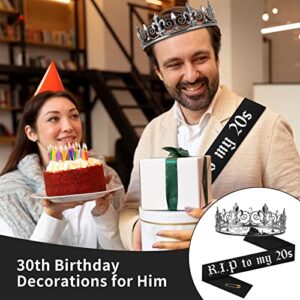 SMAODSGN 2 Pieces 30th Birthday Sash and Crown for Men Rip 20s Birthday Decorations Happy 30th Birthday Decorations for Men Birthday King Crown for Men Adult Silver