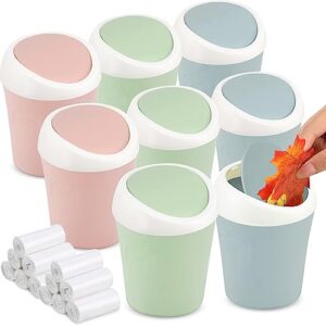 zhehao 8 pcs plastic mini wastebasket trash can with swing lid and 360 trash bags desktop small waste garbage bin countertop tiny vanity tabletop waste paper basket for home, office, bedroom, kitchen