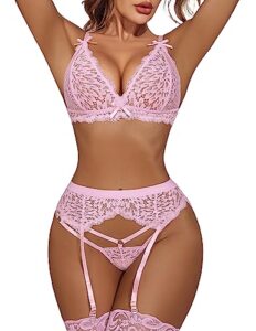 avidlove plus size lingerie set for women sexy lace bralette bra and panty with garter belt light pink