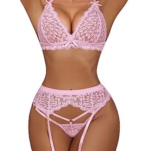 Avidlove Plus Size Lingerie Set for Women Sexy Lace Bralette Bra and Panty with Garter Belt Light Pink