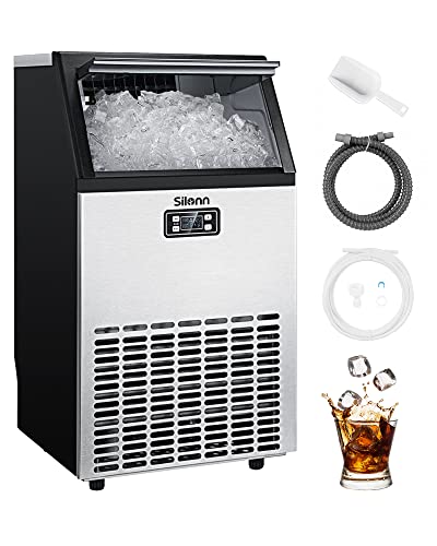 Silonn Commercial Ice Maker Machine, Creates 100lbs in 24H, 33lbs Ice Storage Capacity, Stainless Steel Freestanding Ice Maker with Auto Self-Cleaning for Home Office Bar Parties (SLIM11)