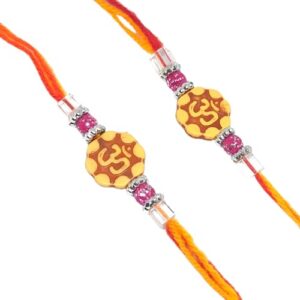 set of 2 rakhi thread, brown om with crystal and pink beads rakhi, rakhi for bhaiya, rakhi for bhabhi, bhai, brother.