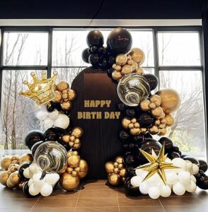 black and gold white balloon garland arch kit 136pcs with starburst crown 4d agate balloons for birthday anniversary graduation prom party decorations