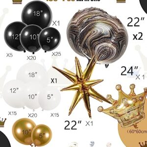 Black and Gold white balloon garland arch kit 136Pcs with Starburst crown 4D Agate balloons for birthday anniversary graduation prom party decorations