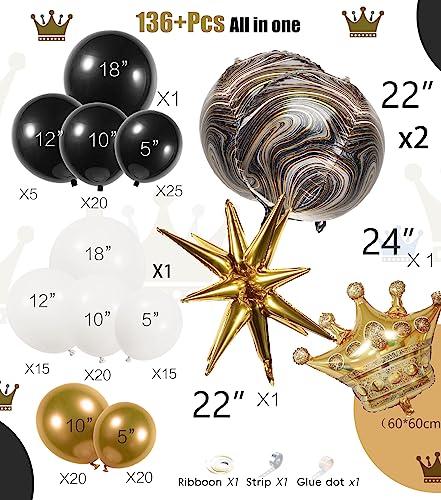 Black and Gold white balloon garland arch kit 136Pcs with Starburst crown 4D Agate balloons for birthday anniversary graduation prom party decorations