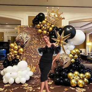 Black and Gold white balloon garland arch kit 136Pcs with Starburst crown 4D Agate balloons for birthday anniversary graduation prom party decorations