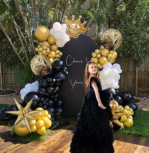 Black and Gold white balloon garland arch kit 136Pcs with Starburst crown 4D Agate balloons for birthday anniversary graduation prom party decorations