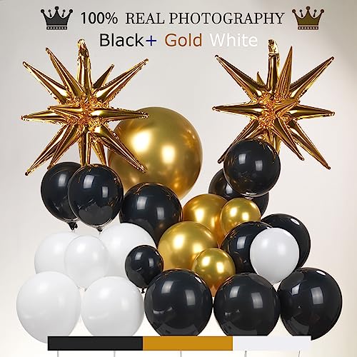 Black and Gold white balloon garland arch kit 136Pcs with Starburst crown 4D Agate balloons for birthday anniversary graduation prom party decorations