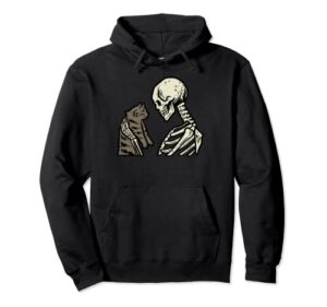 skeleton holding cat funny halloween skull men women kids pullover hoodie